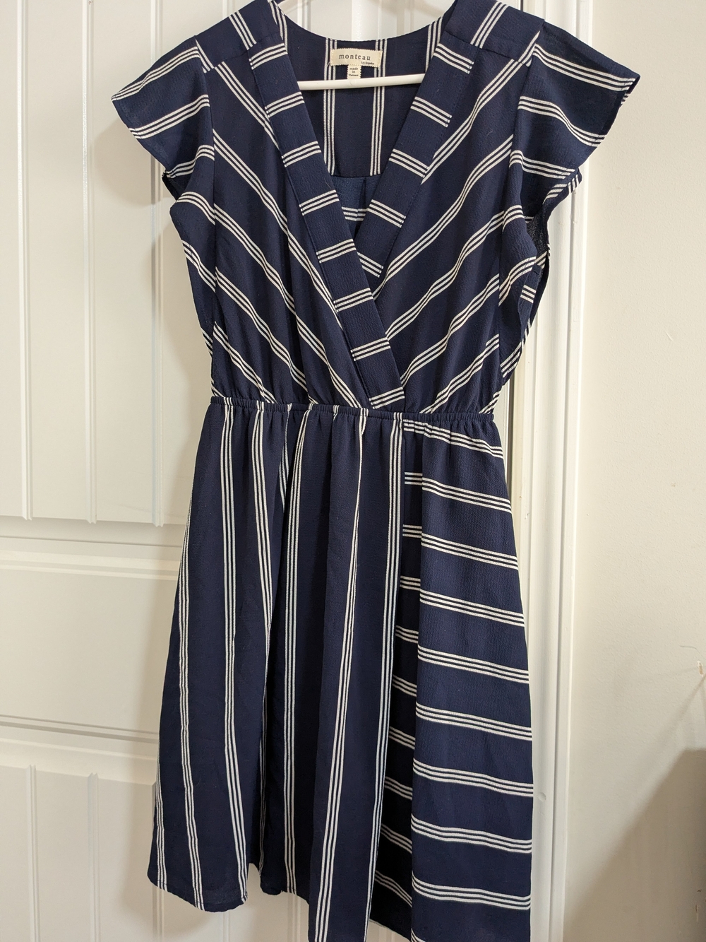 Monteau Navy and White Striped Wrap-Front Mini Dress Size M